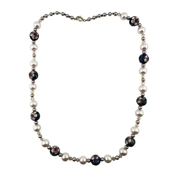 Vintage Style Cloisonné Blue Enamel Cherry Blossom Faux Pink Pearls 18” Necklace - Picture 4 of 5